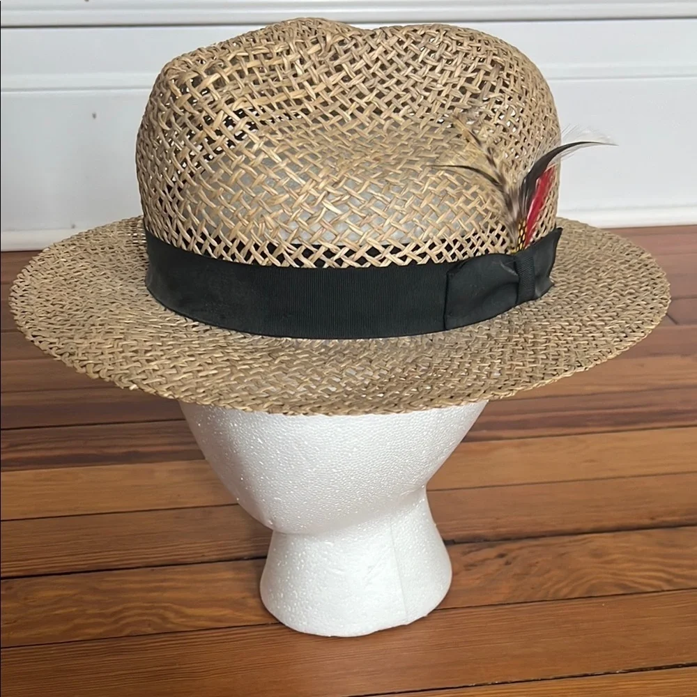Vintage Capas Headwear stylish Straw Fedora with Black Band and Feathers - Sz. M